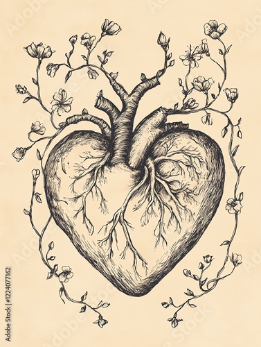 Hand-drawn illustration of a heart with vines and small flowers wrapping around it