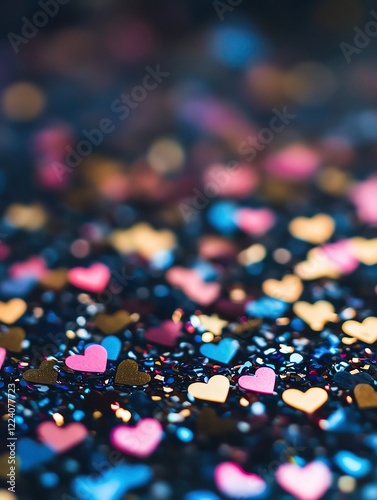 Macro photo of sparkling heart-shaped confetti scattered on a table