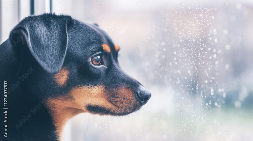 A dog watches the raindrops on the window, longing for the outdoors while sitting at the doorway in a cozy home A dog watches the raindrops on the window, longing for the outdoors while sitting at the doorway in a cozy home