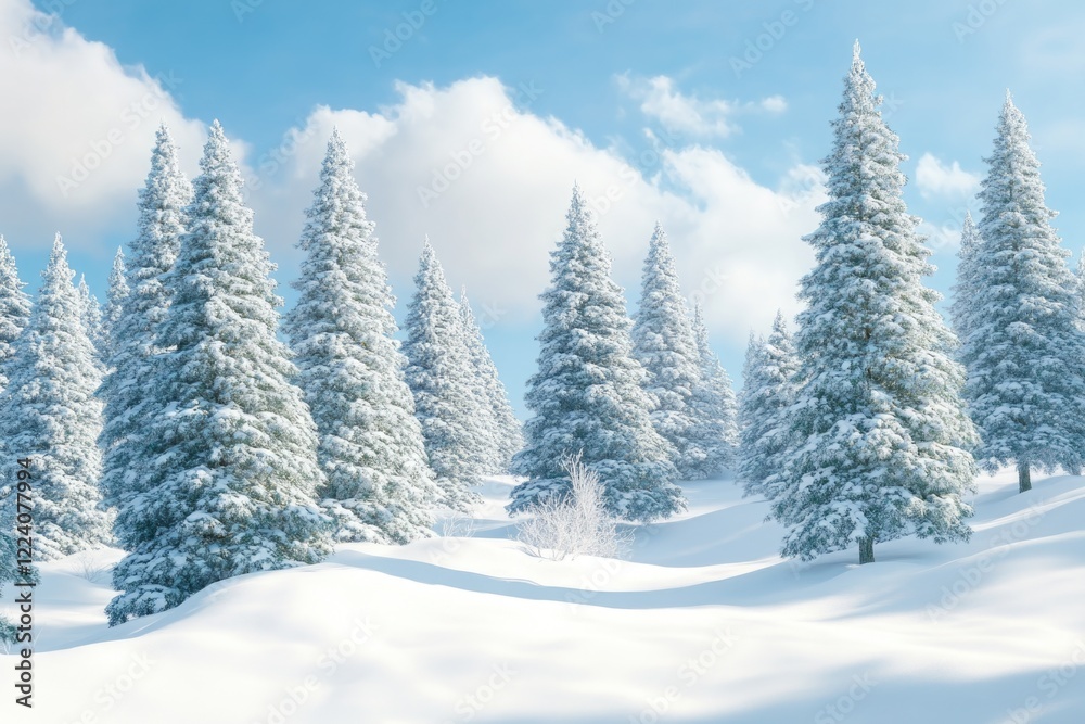 A snowy landscape with a large group of pine trees. The trees are covered in snow and the sky is clear and blue. The scene gives off a peaceful and serene feeling A snowy landscape with a large group of pine trees. The trees are covered in snow and the sky is clear and blue. The scene gives off a peaceful and serene feeling