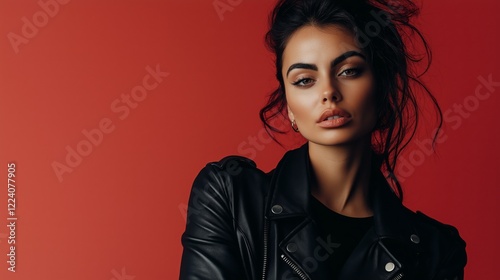 Confident woman in black leather jacket, soft light, blurred red background. Bold style meets effortless elegance.