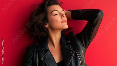 Confident woman in black leather jacket, soft light, blurred red background. Bold style meets effortless elegance.