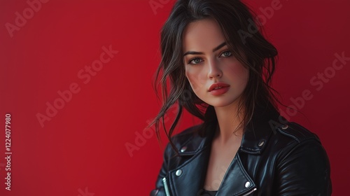 Confident woman in black leather jacket, soft light, blurred red background. Bold style meets effortless elegance.