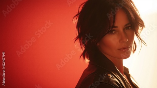 Confident woman in black leather jacket, soft light, blurred red background. Bold style meets effortless elegance.