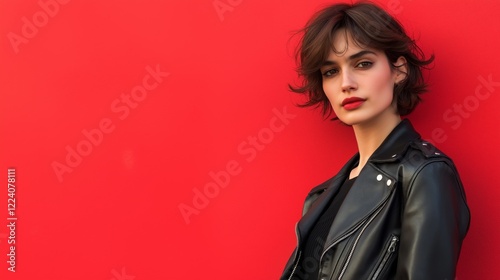 Confident woman in black leather jacket, soft light, blurred red background. Bold style meets effortless elegance.