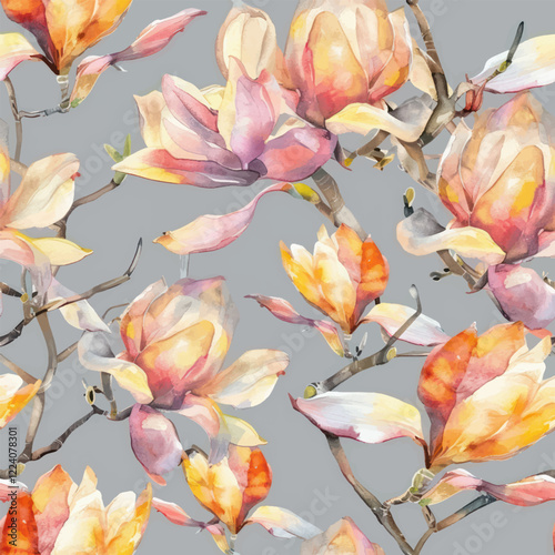 Cute pastel pink and yellow magnolia flowers  watercolor seamless pattern. Watercolor print in rustic vintage style, textile or wallpapers.