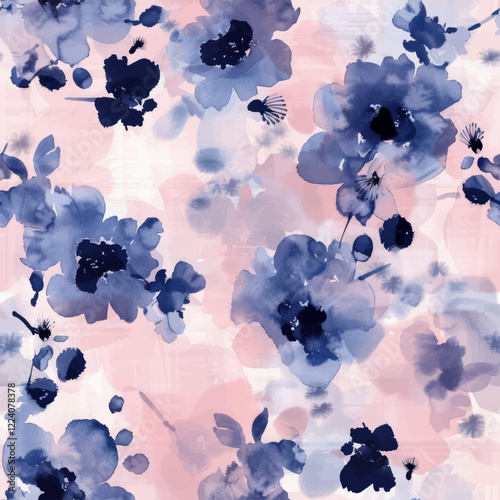 Cute blush pink and navy blue watercolor floral pattern, watercolor seamless pattern. Watercolor print in rustic vintage style, textile or wallpapers.