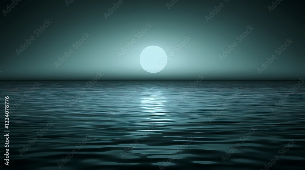Serene Night Ocean Scene With Oval Moon Serene Night Ocean Scene With Oval Moon