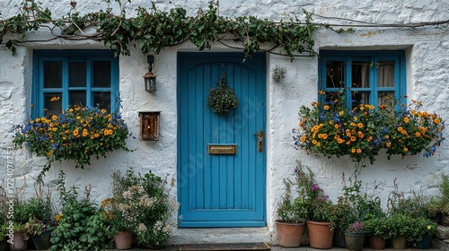 Charming Cottage with Blue Door and Flower Boxes