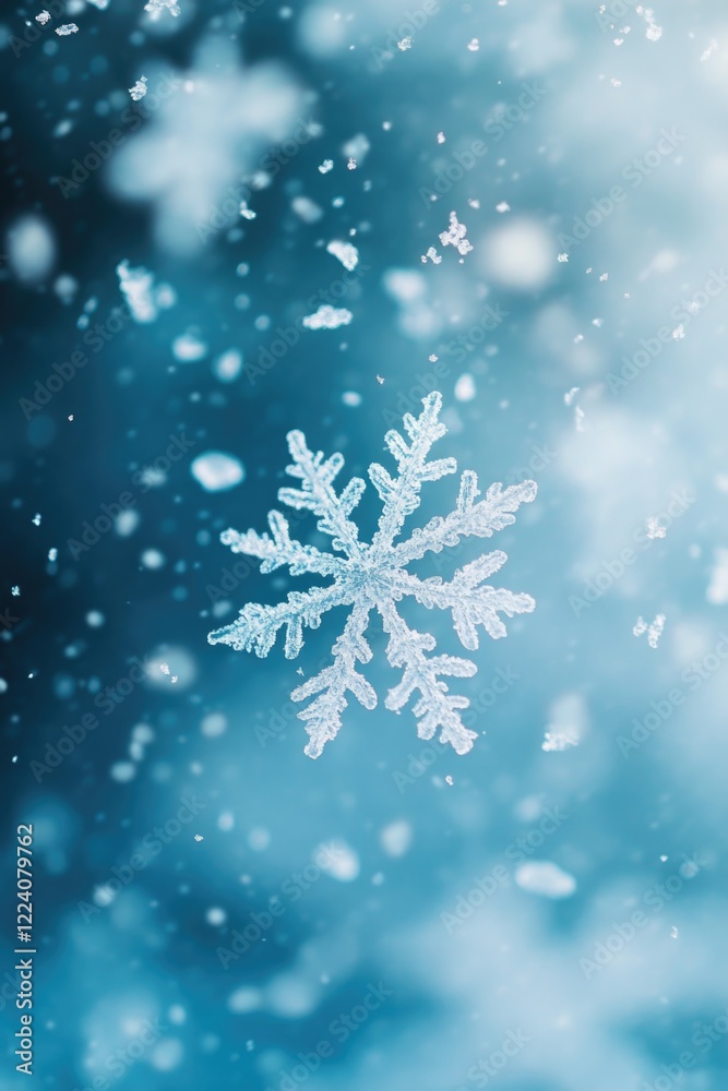 A snowflake is floating in the air above a blue sky. The snowflake is the main focus of the image, and it is the only thing in the scene A snowflake is floating in the air above a blue sky. The snowflake is the main focus of the image, and it is the only thing in the scene