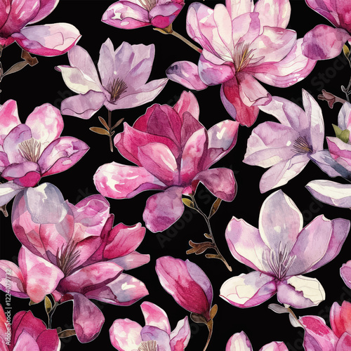 Cute pink magnolia flowers watercolor seamless pattern. Watercolor print in rustic vintage style, textile or wallpapers.