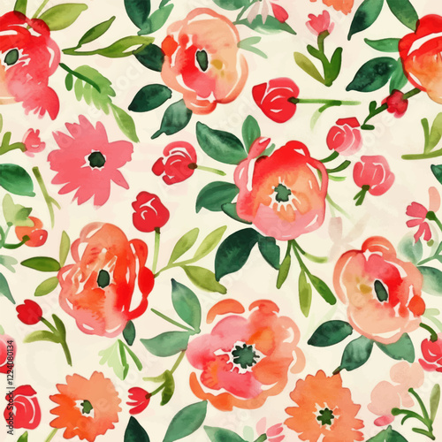 Cute pink and red floral pattern on a cream background, watercolor seamless pattern. Watercolor print in rustic vintage style, textile or wallpapers.