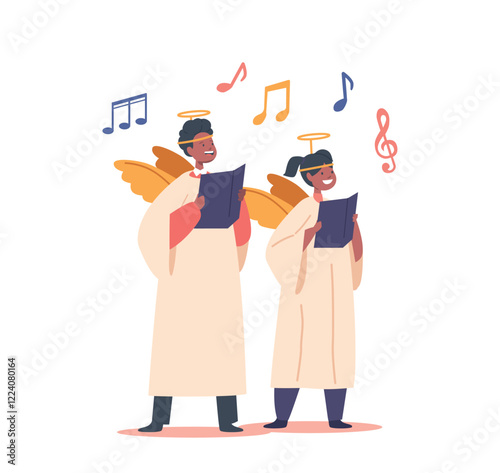 Children Characters Dressed In Angel Costumes, Joyfully Singing In A Choir, Creating A Heavenly Atmosphere