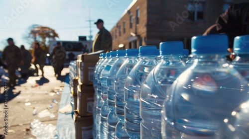 A row of water bottles are lined up on a table. The bottles are clear and blue. There are several people walking by the table