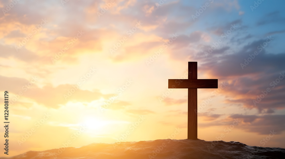 Silhouette of a Christian Cross Set Against a Vibrant Sunrise Sky : Generative AI Silhouette of a Christian Cross Set Against a Vibrant Sunrise Sky : Generative AI
