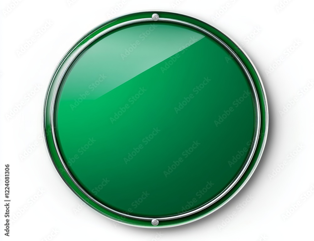 Glossy green circular badge with metallic border.