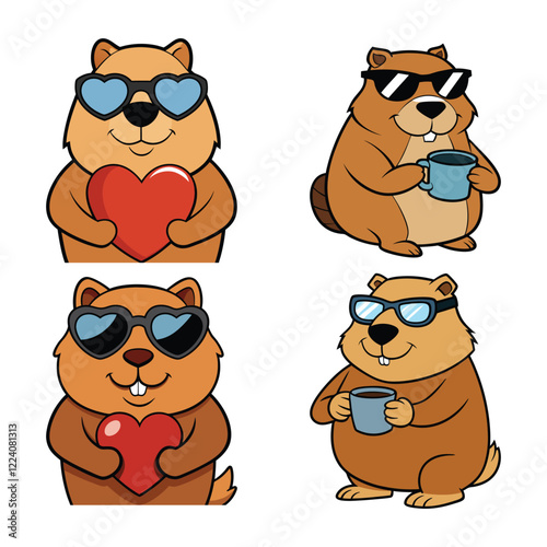 Cute Cartoon Groundhogs with Sunglasses and Hearts/Coffee
