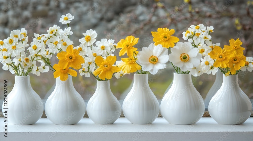 White and yellow flowers in vases on a windowsill displaying spring charm White and yellow flowers in vases on a windowsill displaying spring charm