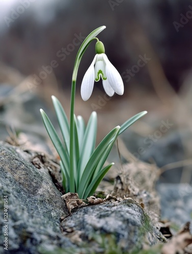 A snowflake is growing on a rock. The snowflake is white and has a green tip. The rock is grey and has a rough texture. Concept of resilience and beauty in the face of harsh conditions photo