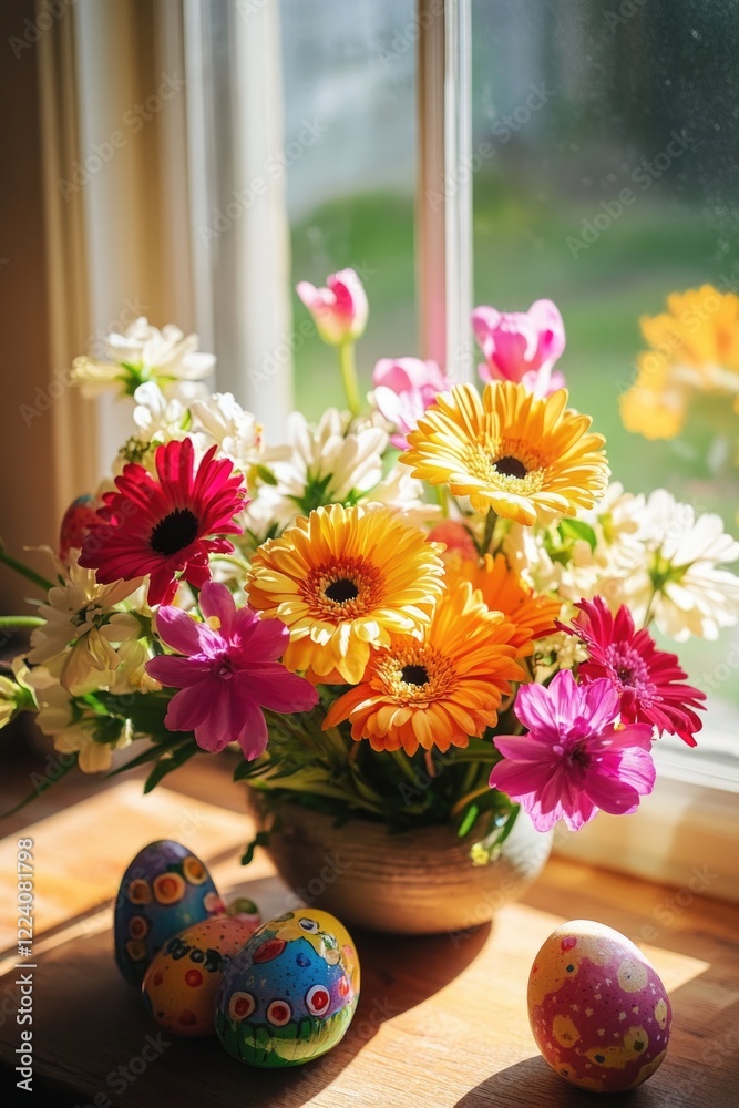 A vase of flowers sits on a table next to a couple of painted eggs. The flowers are a mix of yellow and pink, and they are arranged in a way that makes them look like they are blooming A vase of flowers sits on a table next to a couple of painted eggs. The flowers are a mix of yellow and pink, and they are arranged in a way that makes them look like they are blooming