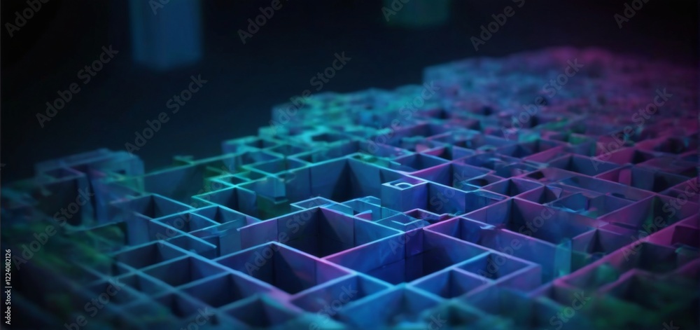 Obraz premium Abstract 3D Maze with Colorful Interconnected Cubes on Dark Background - Futuristic Digital Art with Vibrant Colors
