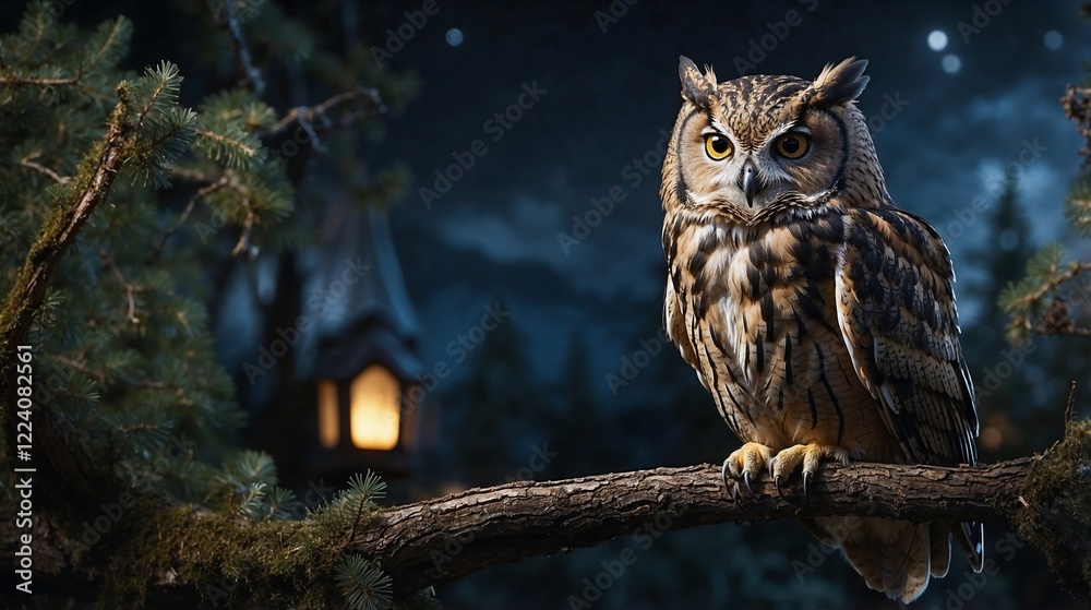 A majestic owl perched on a bare branch under the velvet night sky, its sharp gaze piercing the darkness. A majestic owl perched on a bare branch under the velvet night sky, its sharp gaze piercing the darkness.