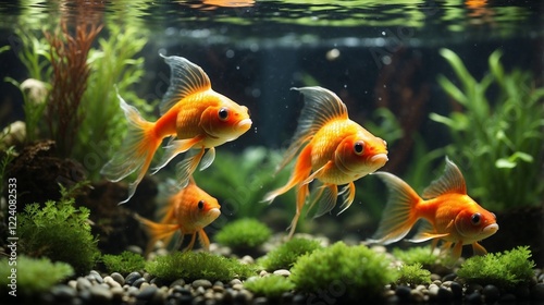 Graceful goldfish swimming in a crystal-clear aquarium, surrounded by vibrant aquatic plants swaying gently in the water.