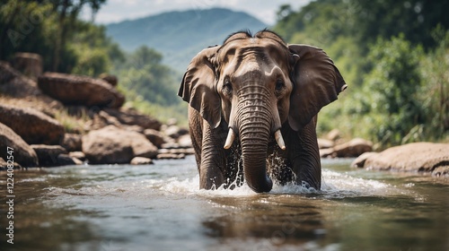 A gentle elephant bathing in a serene river, playfully spraying water with its trunk under the afternoon sun.