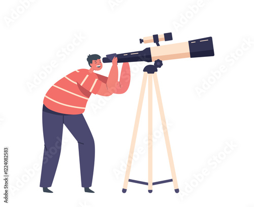 Space Observation Hobby, Curious Boy Look In Telescope Isolated on White Background. Child Studying Astronomy Science