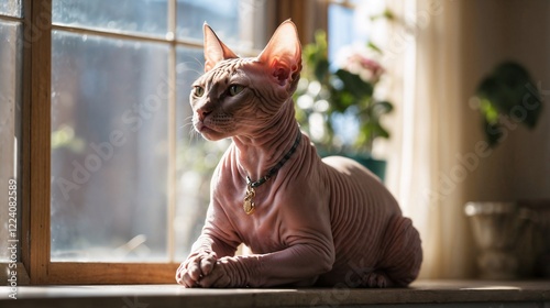 A curious Sphynx cat perched on a windowsill, basking in the warm sunlight streaming through the glass.