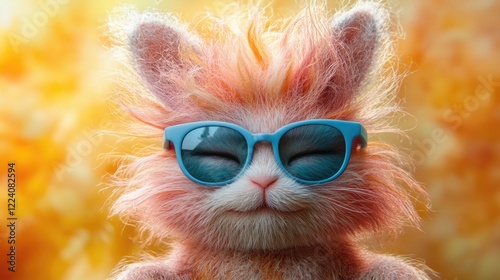 Whimsical fuzzy creature wearing sunglasses in sunny background. Easter, Pascha, Paskha, Ostern, Pascua, Paques - Orthodox and Catholic Holiday celebration