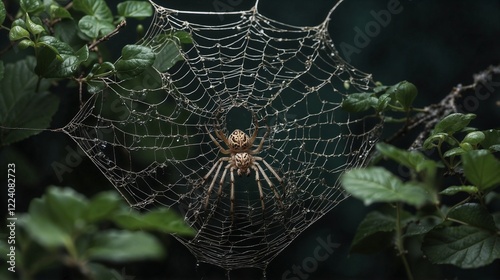 A delicate spider weaving an intricate, silver-threaded web against a backdrop of dark, glossy green leaves.