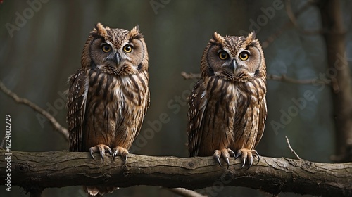A wise brown owl with sharp, piercing eyes, perched on a bare branch and silently observing the world below.