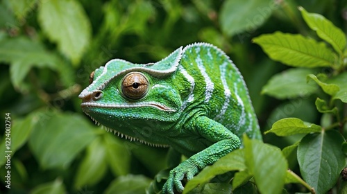 A bright green chameleon blending seamlessly into its surroundings, camouflaged perfectly against a lush green leaf.