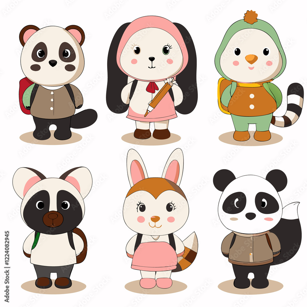 Fototapeta premium Cute animal characters with backpacks ready for school.