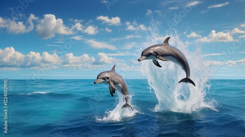 Two lively bottlenose dolphins leaping gracefully out of the crystal-clear ocean.