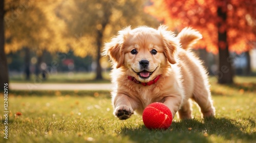 A playful golden retriever puppy with soft, fluffy fur, joyfully chasing a bright red ball in a sunlit park.
