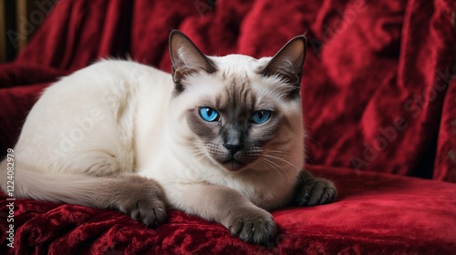 A majestic silver Siamese cat with piercing blue eyes, elegantly curled up on a plush red velvet cushion.