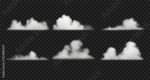 Realistic white clouds, smoke, fog on sky. Set of vector fluffy steam clouds and wavy haze