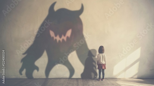 A young child stands frozen, facing a large, menacing shadow monster cast on the wall in a dimly lit space