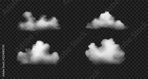 Various white vector realistic clouds, fog or smoke. Set of fluffy steam clouds isolated on transparent background