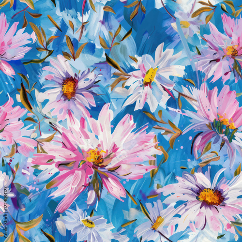 Cute pink and blue daisies, detailed and expressive brush strokes seamless pattern. Watercolor print in rustic vintage style, textile or wallpapers.