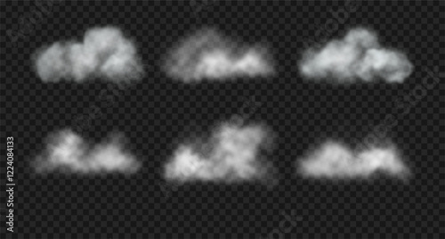 White vector realistic fluffy clouds, fog, smoke, haze. Set of steam clouds isolated on transparent background
