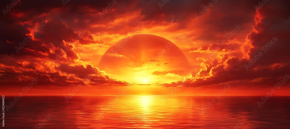 A Fiery Sunset Casting Radiant Colors Over a Calm Lake with Perfect Reflections and a Serene Natural Horizon A Fiery Sunset Casting Radiant Colors Over a Calm Lake with Perfect Reflections and a Serene Natural Horizon