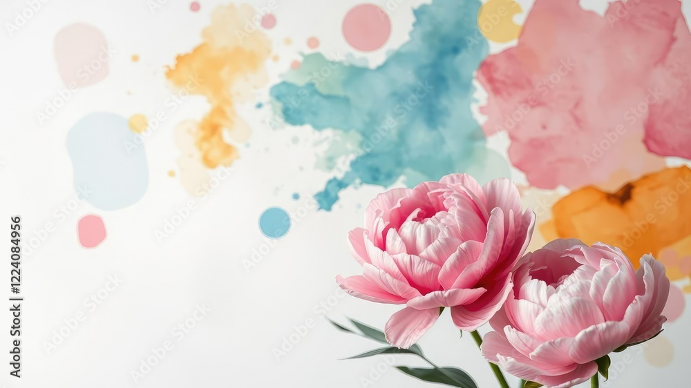 Abstract watercolor splashes on a canvas with a few elegant pink peonies in the foreground, bohemian, feminine, eclectic Abstract watercolor splashes on a canvas with a few elegant pink peonies in the foreground, bohemian, feminine, eclectic