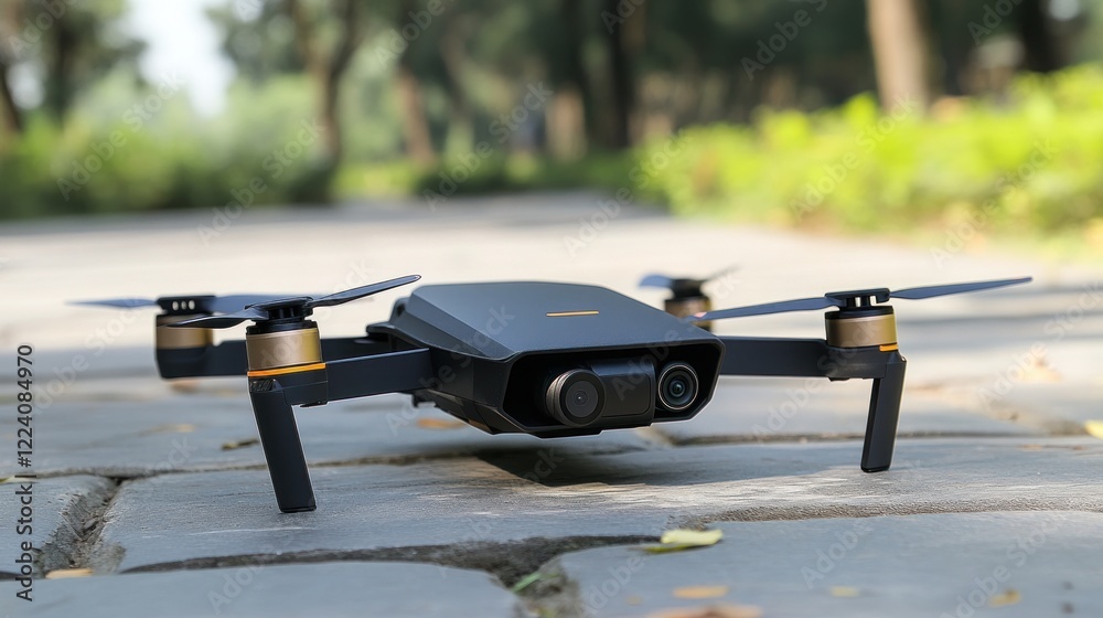 Drone Photography: A Black and Gold Quadcopter on a Stone Path Drone Photography: A Black and Gold Quadcopter on a Stone Path