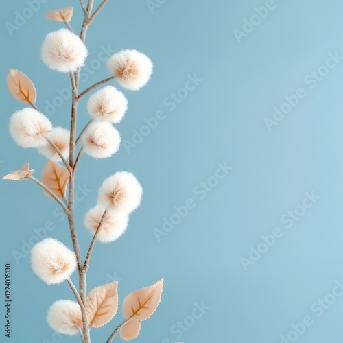 Soft cotton plant with fluffy buds and delicate leaves against blue background