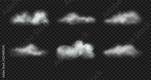 White cumulus, fluffy clouds, smoke, fog on transparent backdrop. Set of vector realistic steam clouds and wavy haze