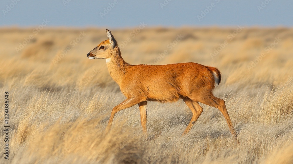 A lone deer gracefully strolls across a vast expanse of golden grasslands, bathed in the soft glow of the setting sun. A lone deer gracefully strolls across a vast expanse of golden grasslands, bathed in the soft glow of the setting sun.