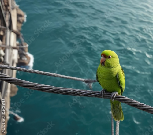 An antipodes parakeet looking down from the end of a long steel cable over the ocean , nature, aerial view photo
